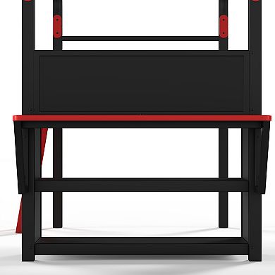 Trikiousd Metal Low Gaming Loft Bed w/ Side Desk, Usb Ports, LED Lights & Storage Cabinets