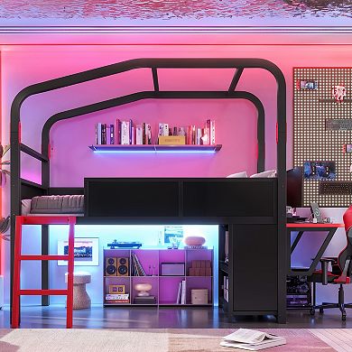 Trikiousd Metal Low Gaming Loft Bed w/ Side Desk, Usb Ports, LED Lights & Storage Cabinets