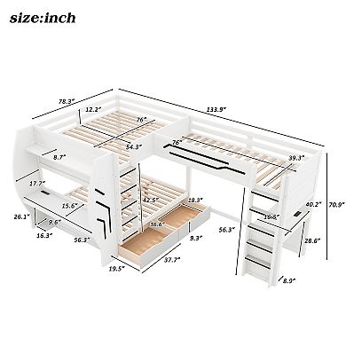 Trikiousd L-Shaped 3 in 1 Full Over Full Over Twin LED Gaming Bunk Bed w/ Desks, Drawers & Pegboard