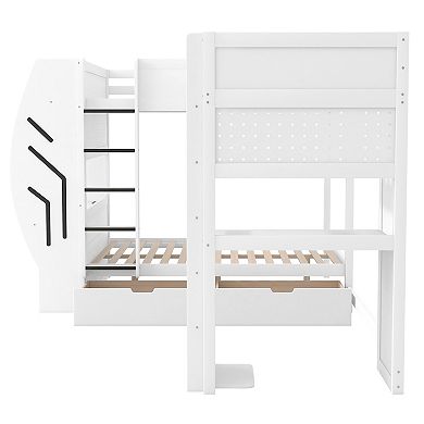 Trikiousd L-Shaped 3 in 1 Full Over Full Over Twin LED Gaming Bunk Bed w/ Desks, Drawers & Pegboard