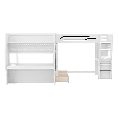 Trikiousd L-Shaped 3 in 1 Full Over Full Over Twin LED Gaming Bunk Bed w/ Desks, Drawers & Pegboard