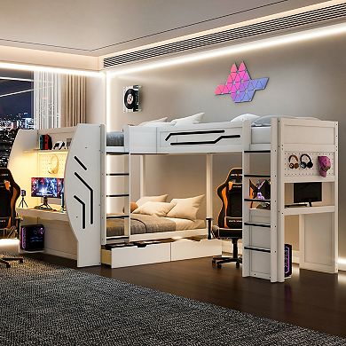 Trikiousd L-Shaped 3 in 1 Full Over Full Over Twin LED Gaming Bunk Bed w/ Desks, Drawers & Pegboard