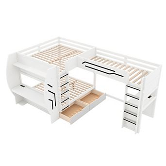Trikiousd L-Shaped 3 in 1 Full Over Full Over Twin LED Gaming Bunk Bed w/ Desks, Drawers & Pegboard