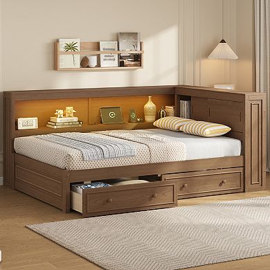 Trikiousd Full Size Daybed LED Wood Sofa Bed with Storage Shelves, 2 Drawers & USB