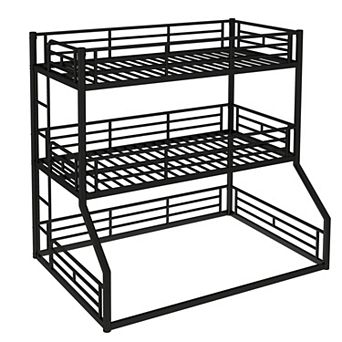 Trikiousd Heavy-Duty Metal Triple Bunk Bed Twin Over Twin Over Full Bed Frame with Guardrails