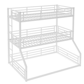 Trikiousd Heavy-Duty Metal Triple Bunk Bed Twin Over Twin Over Full Bed Frame with Guardrails