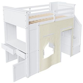 Trikiousd Wood Loft Bed w/ Desk & Storage Stairs, Twin Size Curtain Playhouse Bed Frame w/ Drawers