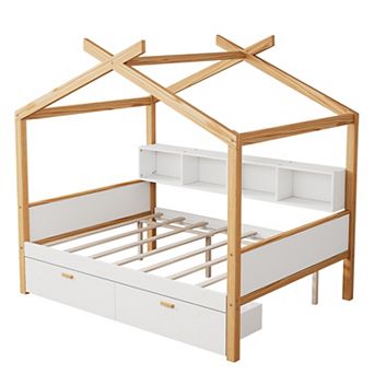 Trikiousd Wood House Bed Montessori Beds Platform Bed Frame with 2 Drawers & Storage Bookshelf