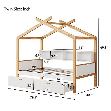 Trikiousd Wood House Bed Montessori Beds Platform Bed Frame with 2 Drawers & Storage Bookshelf