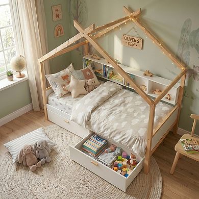 Trikiousd Wood House Bed Montessori Beds Platform Bed Frame with 2 Drawers & Storage Bookshelf