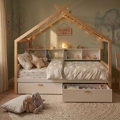 Trikiousd Wood House Bed Montessori Beds Platform Bed Frame with 2 Drawers & Storage Bookshelf