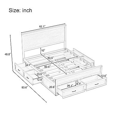 Trikiousd Queen Size Storage Bed Solid Wood Panel Bed Platform Bed Frame with Headboard & 6 Drawers
