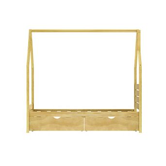 Trikiousd Kids Montessori Bed Wood House Shape Platform Bed with Headboard & 2 Storage Drawers