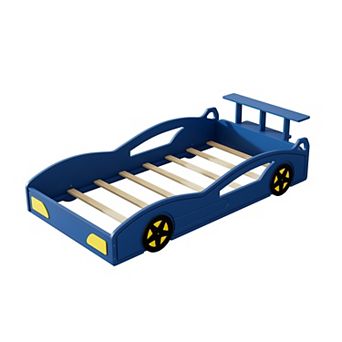 Trikiousd Kids Twin Bed Wooden Race Car Bed Toddler Platform Bedframe with Wheels
