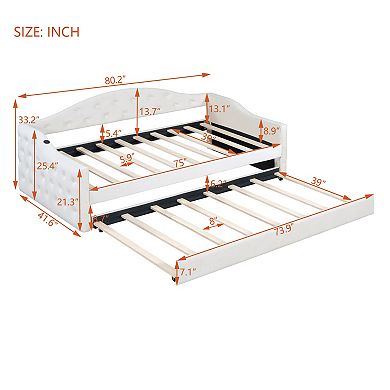 Trikiousd Twin Size Velvet Daybed w/Trundle & USB&Type-C Charging Ports, Tufted Upholstered Sofa Bed
