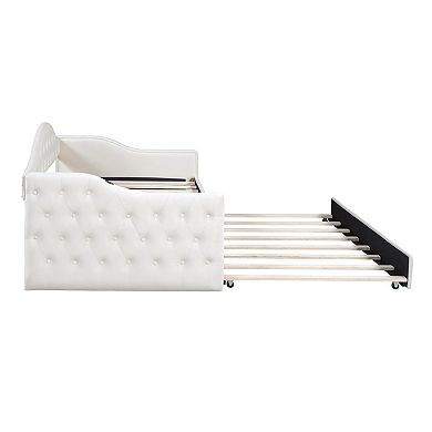 Trikiousd Twin Size Velvet Daybed w/Trundle & USB&Type-C Charging Ports, Tufted Upholstered Sofa Bed