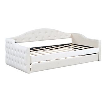 Trikiousd Twin Size Velvet Daybed w/Trundle & USB&Type-C Charging Ports, Tufted Upholstered Sofa Bed
