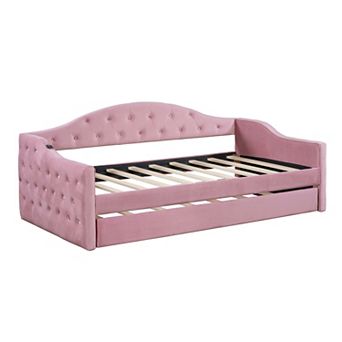 Trikiousd Twin Size Velvet Daybed w/Trundle & USB&Type-C Charging Ports, Tufted Upholstered Sofa Bed