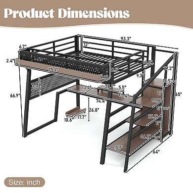 Trikiousd LED Metal Gaming Loft Bed with Storage Stairs, Pegboard, Built-in Wardrobe & USB Ports