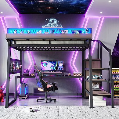 Trikiousd LED Metal Gaming Loft Bed with Storage Stairs, Pegboard, Built-in Wardrobe & USB Ports