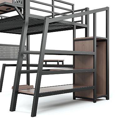 Trikiousd LED Metal Gaming Loft Bed with Storage Stairs, Pegboard, Built-in Wardrobe & USB Ports