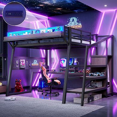 Trikiousd LED Metal Gaming Loft Bed with Storage Stairs, Pegboard, Built-in Wardrobe & USB Ports
