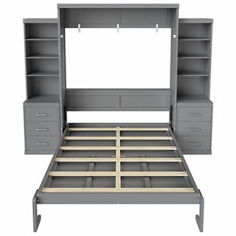 Trikiousd Murphy Bed Wood Folding Wall Bedframe with Storage Shelves and Drawers