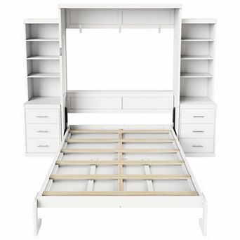 Trikiousd Murphy Bed Wood Folding Wall Bedframe with Storage Shelves and Drawers