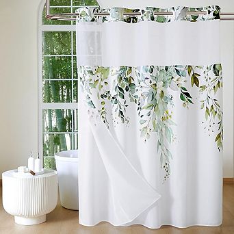 No Hook Eucalyptus Shower Curtain with Snap-In Waterproof Fabric Liner & Mesh Window