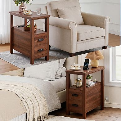 Trikiousd Small Nightstand End Table 2-Tier Bedroom Bedside Table with Charging Station