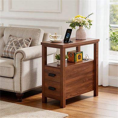 Trikiousd Small Nightstand End Table 2-Tier Bedroom Bedside Table with Charging Station