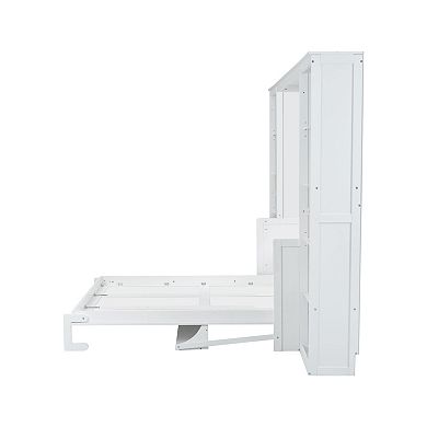Trikiousd Queen Size Murphy Bed Wall Bed Space-Saving Wood Foldable Platform Bed w/ Desk & Bookshelf
