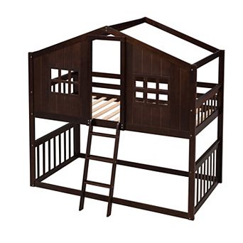 Trikiousd Twin Over Twin House Bunk Beds with Ladder, Safety Guardrail & Window, Kids Twin Bed Frame