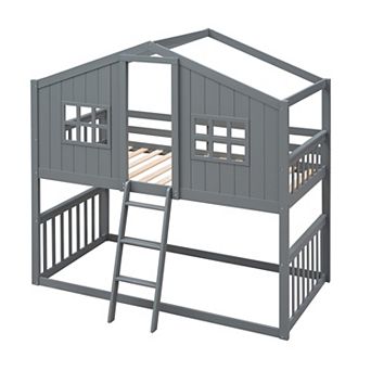 Trikiousd Twin Over Twin House Bunk Beds with Ladder, Safety Guardrail & Window, Kids Twin Bed Frame