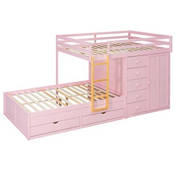 Trikiousd Full Size Kids Bunk Bed Modern All-in-One Wood Storage Bed Frame with Wardrobe & 7 Drawers