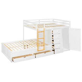 Trikiousd Full Size Kids Bunk Bed Modern All-in-One Wood Storage Bed Frame with Wardrobe & 7 Drawers