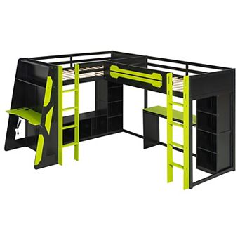 Trikiousd Twin Loft Bed Gaming Beds L-Shaped Dual Twin Bed Frame w/ RGB LED, USB Ports & TV Stand
