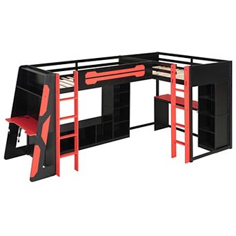 Trikiousd Twin Loft Bed Gaming Beds L-Shaped Dual Twin Bed Frame w/ RGB LED, USB Ports & TV Stand