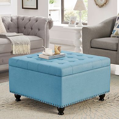 Trikiousd Large Square Storage Ottoman, Upholstered Button Tufted Stool Coffee Table