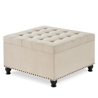 Trikiousd Large Square Storage Ottoman, Upholstered Button Tufted Stool Coffee Table
