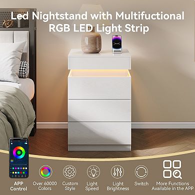 Trikiousd LED Nightstand Built-In Charging Station Bedside Table End Table