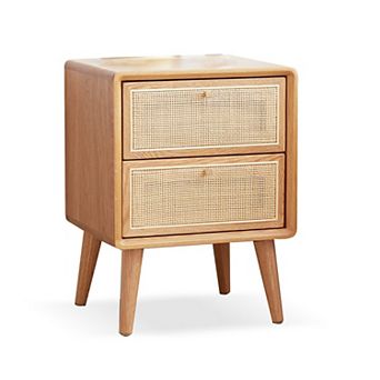 Trikiousd Boho Rattan Nightstand Wood Bedside Table for Bedroom