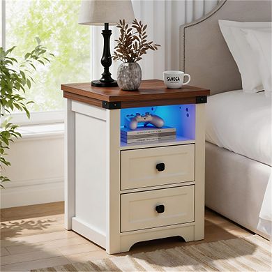 Trikiousd Storage Nightstand 2 Drawers Side Table with Charging Station