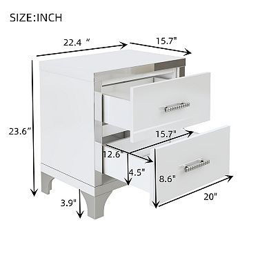 Trikiousd Modern High Gloss Nightstand Mirrored Bedside Table 2 Drawers End Table
