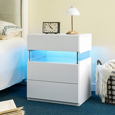 Trikiousd Bedroom LED Bedside Table End Table 3 Drawers Nightstand
