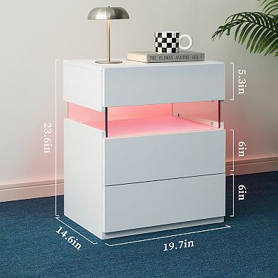 Trikiousd Bedroom LED Bedside Table End Table 3 Drawers Nightstand