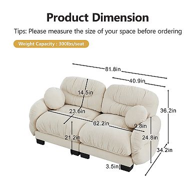 Trikiousd Pleated Design Chenille Modular Sofa Loveseat with 2 Round Throw Pillows