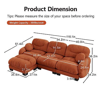 Trikiousd L-Shaped Chenille Sectional Sofa 3 Seater Modular Sofa and Ottoman Set for Living Room