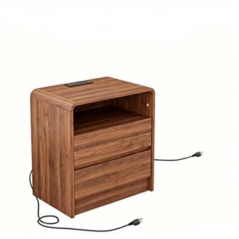 Trikiousd Wooden Curved Nightstand Built-In Charging Station Bedside Table