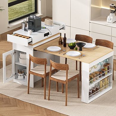 Trikiousd Extendable Dining Table Folding Kitchen Island Sideboard with Power Outlet